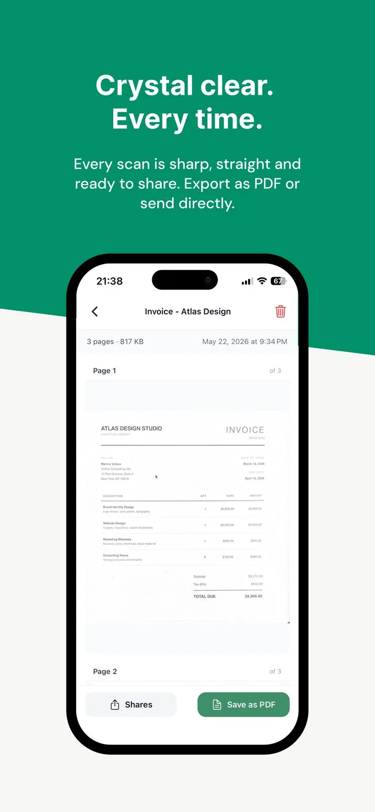 Clearcan showing a scanned three-page invoice titled Invoice - Atlas Design, 817 KB, with a Save as PDF button and a share button at the bottom of the screen