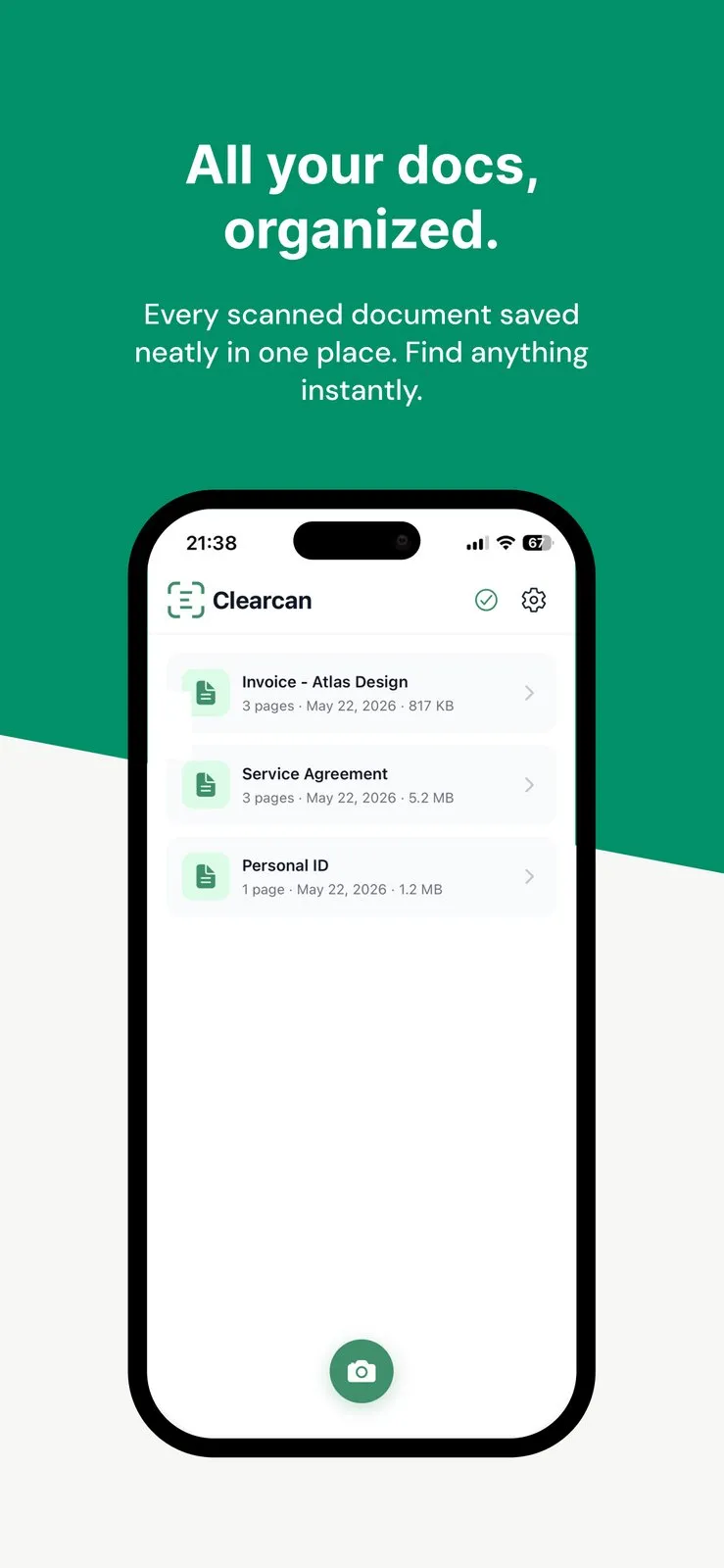 Clearcan's home screen listing three saved documents, an invoice, a service agreement, and a personal ID, each with a page count, date, and file size, with a green camera button to start a new scan