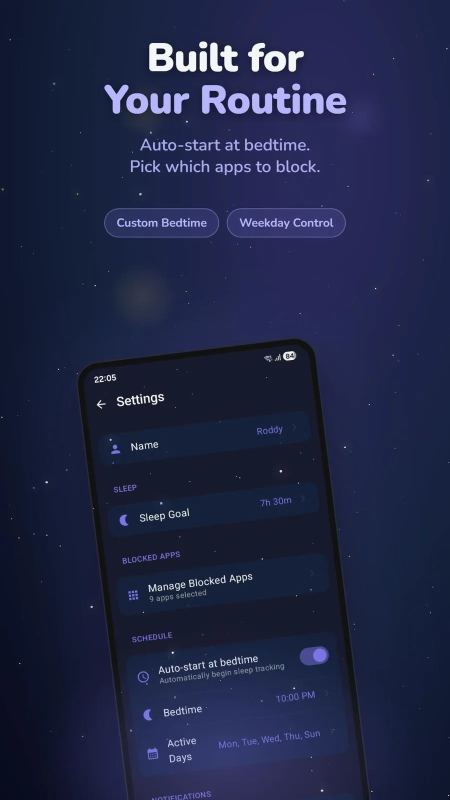 HyperSleep's settings screen on Android showing a Manage Blocked Apps row reading nine apps selected, a bedtime set to 10:00 PM, and an auto-start-at-bedtime toggle