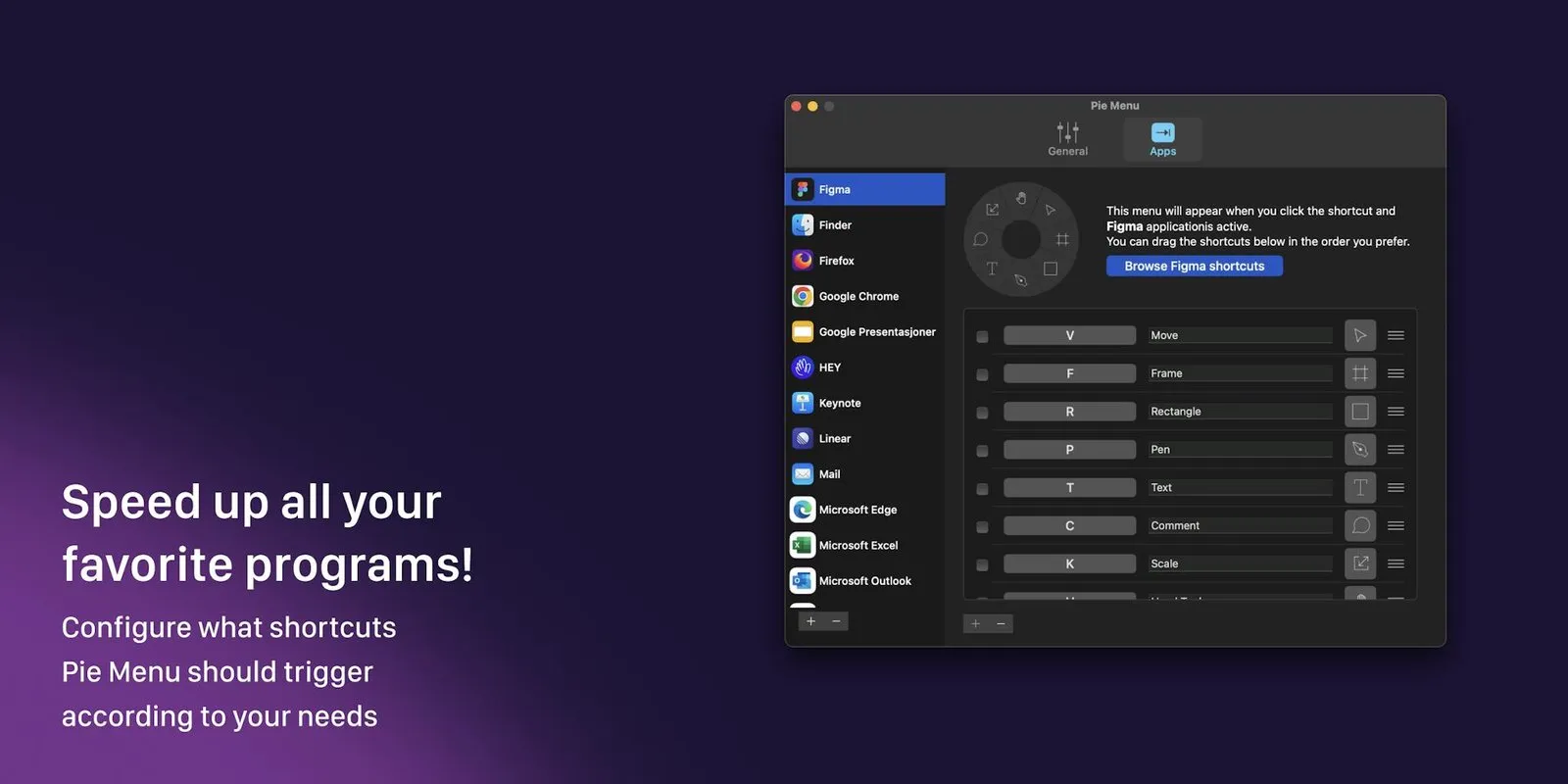 Pie Menu's settings window on the Apps tab, with a sidebar of apps like Figma, Finder, Firefox and Chrome, a radial preview, and a list mapping keys V, F, R, P, T, C, K to the actions Move, Frame, Rectangle, Pen, Text, Comment, Scale