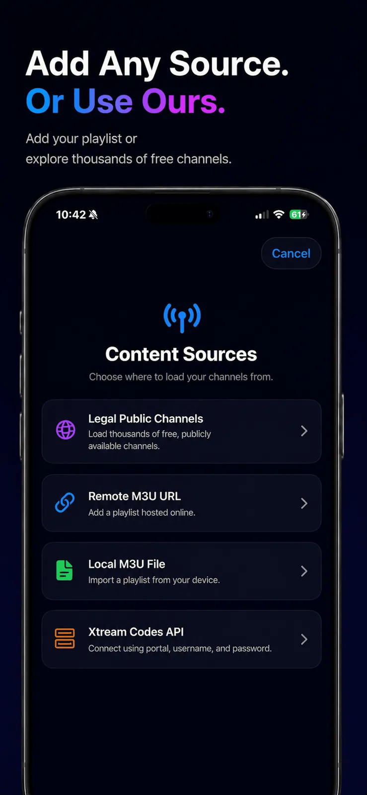 PixelPlay's Content Sources screen listing four options: Legal Public Channels, Remote M3U URL, Local M3U File, and Xtream Codes API, each with a short description