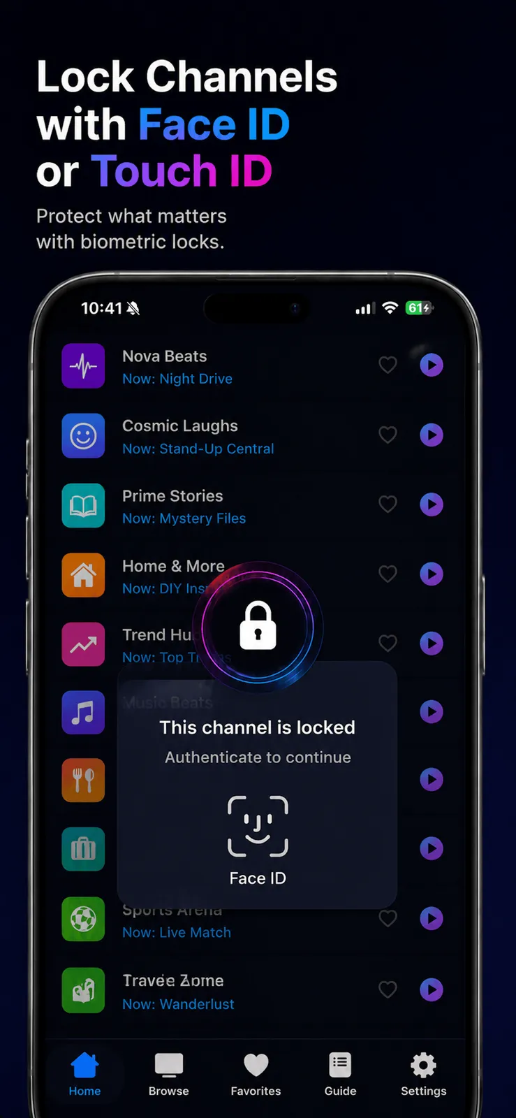 A PixelPlay channel list dimmed behind a lock overlay reading This channel is locked, Authenticate to continue, with a Face ID prompt