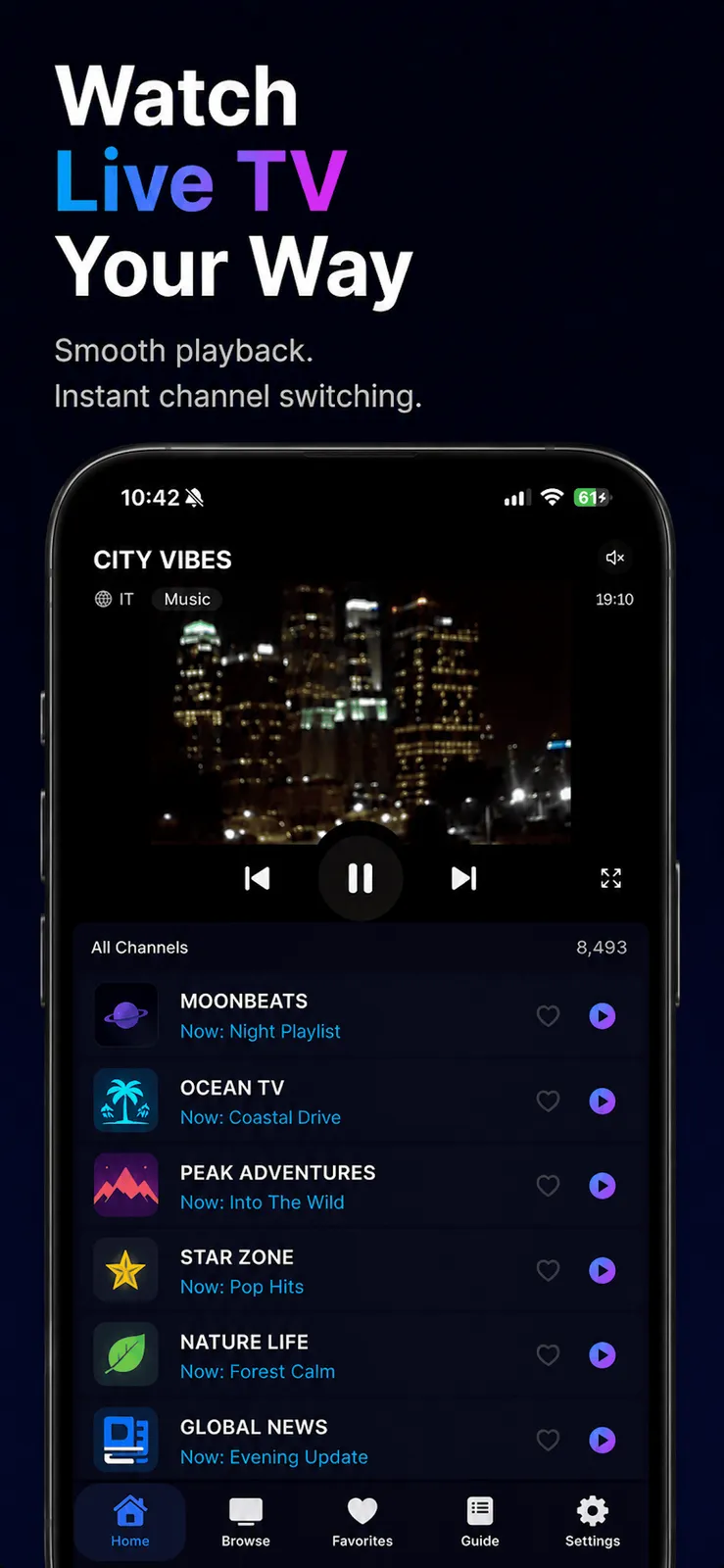 PixelPlay playing a live channel called City Vibes at the top of an iPhone screen, with a scrollable All Channels list beneath it showing 8,493 channels and a Home, Browse, Favorites, Guide, Settings tab bar