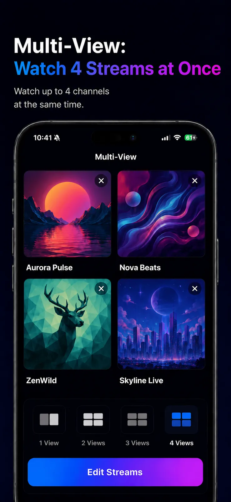 PixelPlay's Multi-View screen showing four live channel tiles in a 2-by-2 grid, each labeled, with a 1 View, 2 Views, 3 Views, 4 Views selector set to 4 Views and an Edit Streams button