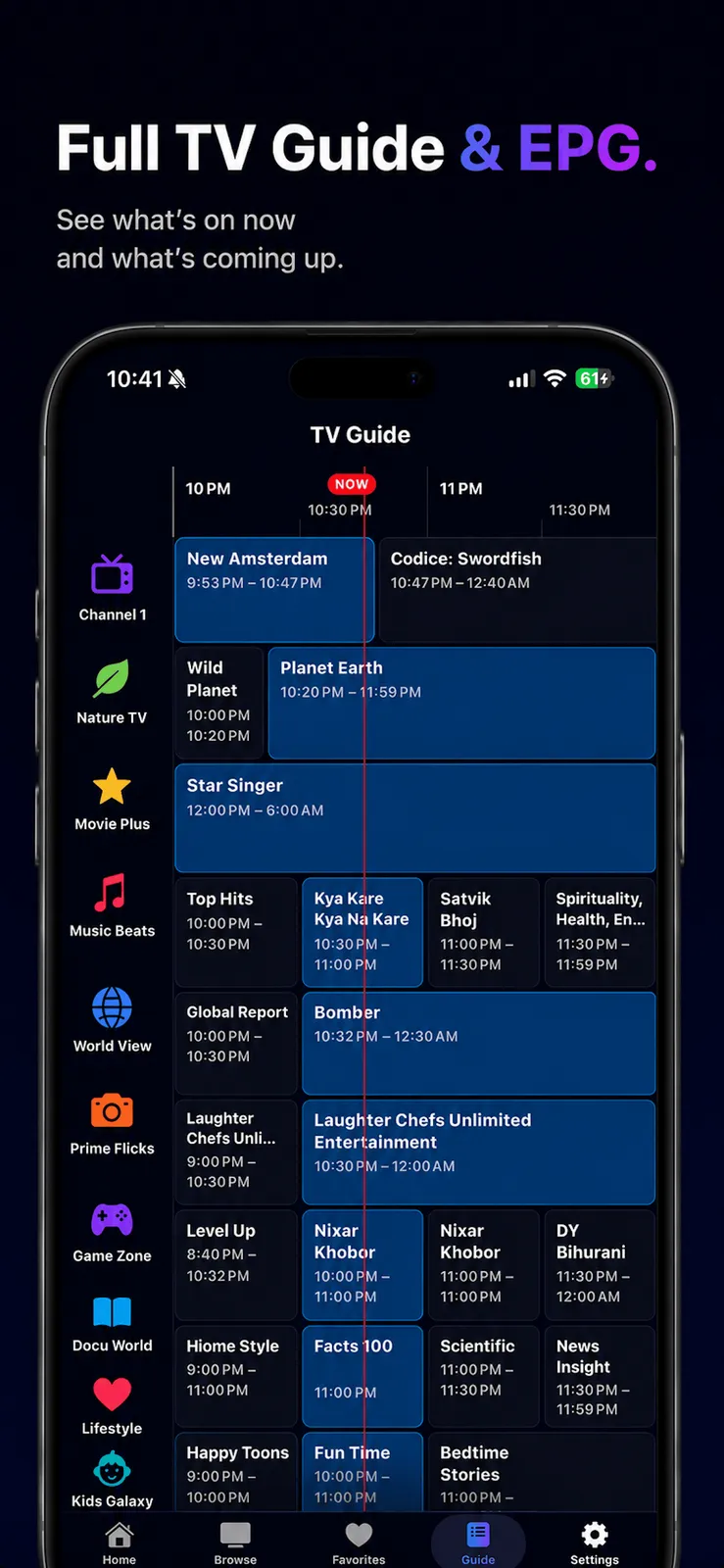 PixelPlay's TV Guide showing a full EPG grid with channels like Channel 1, Nature TV, and Movie Plus down the left, a 10 PM and 11 PM time axis across the top, a red NOW line, and program blocks in each cell