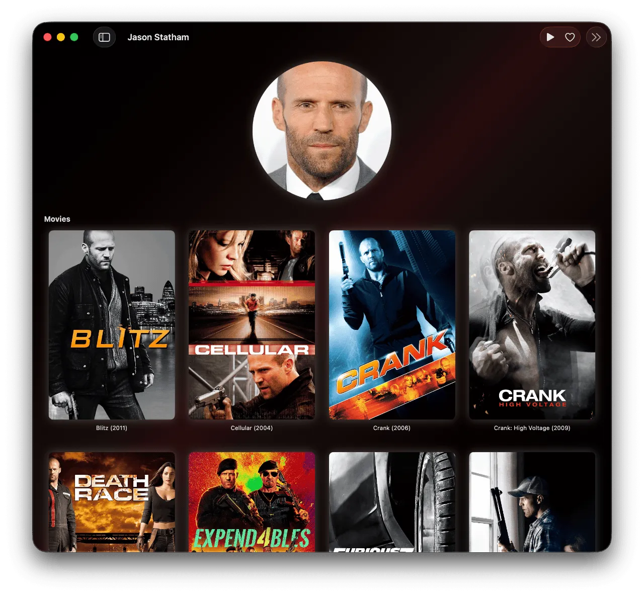 ShowShark on a Mac showing a movie library as a grid of poster artwork with titles and years, grouped under a Movies heading