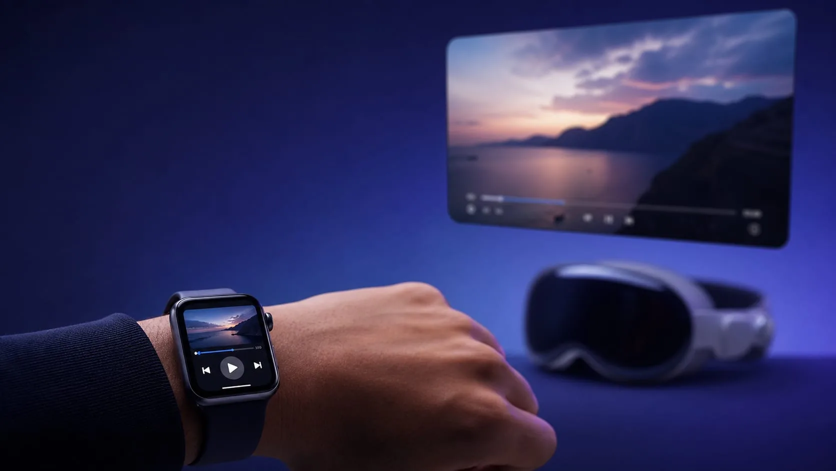 A media playback-control screen on an Apple Watch, with the same video playing in a floating window on an Apple Vision Pro behind it