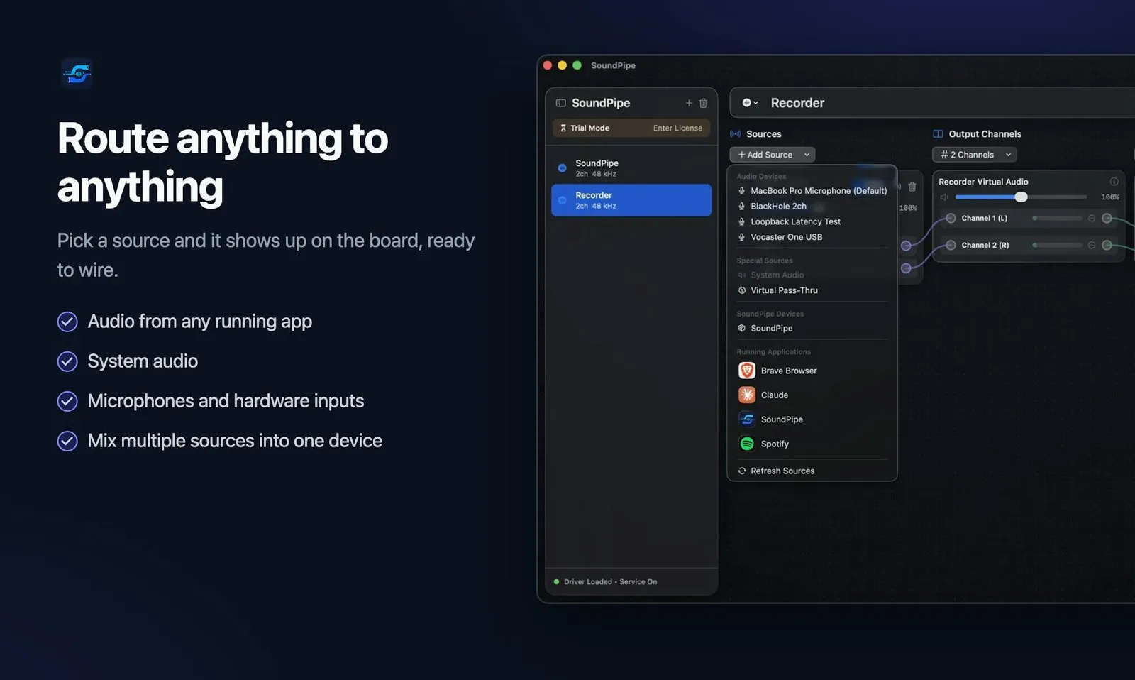 SoundPipe's Add Source menu open, listing audio devices including BlackHole and a USB interface, special sources like System Audio and Virtual Pass-Thru, and running applications such as a browser, Claude, and Spotify