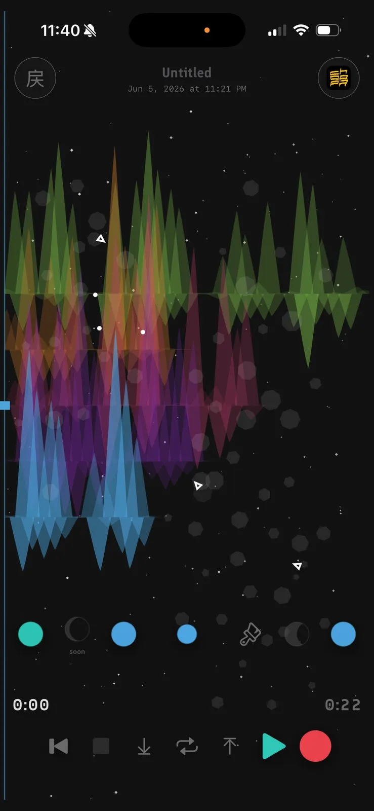 Tide on iPhone showing several takes stacked as overlapping colored waveforms, green, orange, purple, and blue, with transport controls and a red record button below